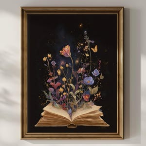 Book Lover Wildflower Wall Art Floral Book Wall Decor Dark Academia Watercolor Painting Literary Bookish Reading Gift Idea Matte Poster