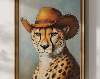 Cheetah Wearing Cowboy Hat Wall Art Funny Animal Printable Leopard Wall Decor Wild Cat Lover Western Cowgirl Poster Print Digital Download