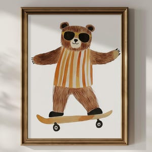 Bear Skateboard Wall Art Funny Cute Printable Kid&#39;s Room Skater Bear Playful Nursery Wall Decor Watercolor Painting Print Animal Download