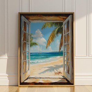 May include: A framed painting depicts a tropical beach scene viewed through an open window. The artwork showcases a sandy beach, turquoise water, palm trees, and a bright blue sky with fluffy clouds. The window frame is a light brown color.