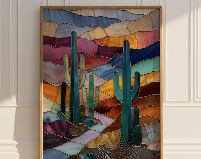 Cactus Stained Glass Style Print Wall Art Artful Trendy Desert Landscape Mexican Mexico Arizona Wall Decor Gift Idea Matte Poster