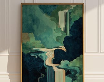 Abstract Waterfall Wall Art Nature Aesthetic Wall Decor Vintage Japanese Ukiyo e Painting Digital Download