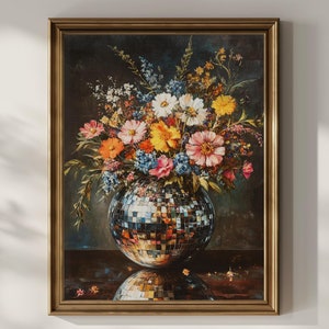 Disco Ball Wildflower Poster Print Wall Art Dark Academia Maximalist Glam Wall Decor Vintage Oil Painting Retro 70s Mirrorball Poster Matte