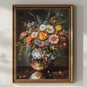 Cuadro de flores silvestres con forma de bola de discoteca, arte de pared imprimible, ramo de flores vintage, estilo retro, maximalista, oscuro, floral, bola de espejo, decoración de pared con bola de espejo