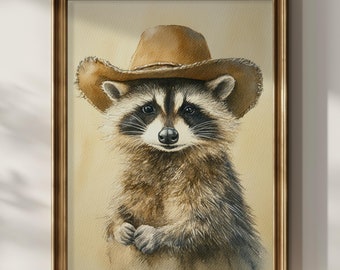 以下が含まれることがあります： 茶色のカウボーイハットをかぶったアライグマの水彩画。アライグマは真剣な表情で、直接鑑賞者を見つめている。背景は薄い茶色である。