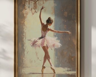 May include: A framed painting depicting a ballerina in a pink tutu, mid-dance. The artwork uses soft brushstrokes and a warm colour palette, highlighting the dancer's graceful pose and the details of her attire. The frame is gold.