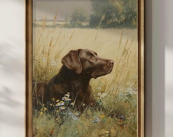 Chocolate Labrador Printable Wall Art Vintage Oil Painting Wildflower Floral Farmhouse Home Decor Chocolate Lab Dog Gift Digital Download