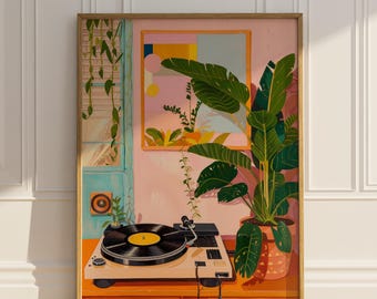 May include: A vintage-style record player with a yellow vinyl record on the turntable, surrounded by lush green plants in a pink and orange room.