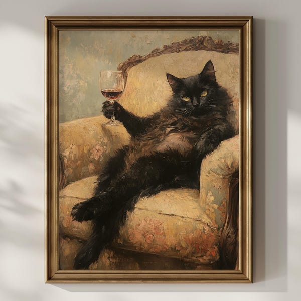 Arte de pared de gato negro con vino, decoración de pared de gato divertido del desierto, pintura al óleo vintage, arte de pared para amantes del vino, decoración de pared de bar, póster mate para decoración de pared de cocina