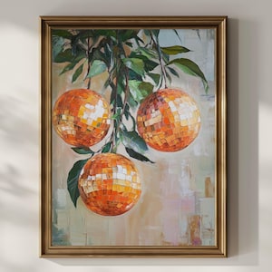 Disco Ball Oranges Painting Poster Print Wall Art Maximalist Glam Wall Decor Vintage Retro 70s Trendy Disco Fruit Mirrorball Poster Matte