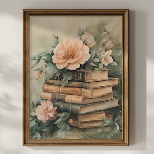 Books Wildflowers Poster Print Vintage Watercolor Painting Wall Art Wall Decor Floral Artwork Flowers Book Lover Gifts Matte Poster