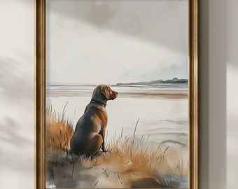 Chocolate Labrador Dog Beach Printable Wall Art Coastal Watercolor Painting Beach House Home Decor Lab Mom Gift Idea Poster Digital Download