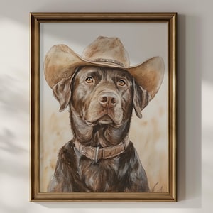 Chocolate Labrador Cowboy Hat Wall Art Funny Printable Dog Wall Decor Vintage Painting Cowboy Dog Lab Mom Gift Poster Digital Download