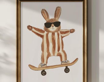 May include: A brown and white striped rabbit wearing sunglasses and riding a skateboard. The rabbit has long ears and is facing forward. The skateboard is brown and has black wheels.