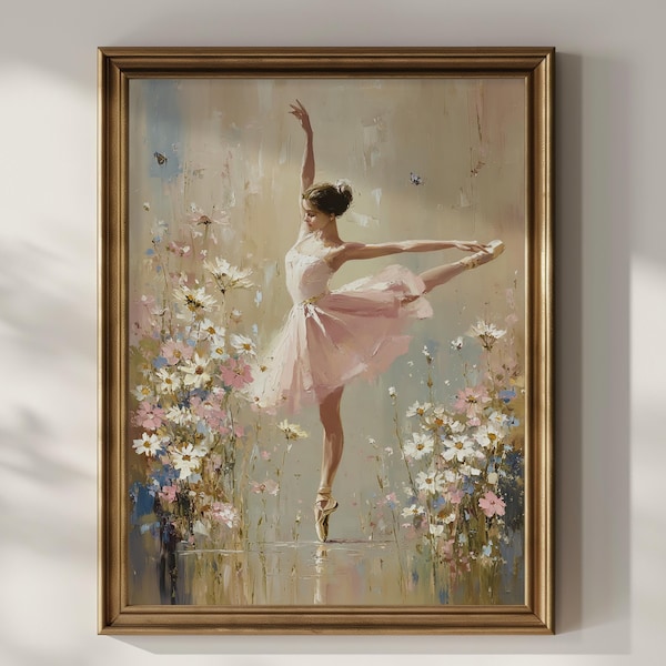 Impresión de bailarina de flores silvestres, arte de pared, pintura al óleo vintage, decoración de pared de bailarina de ballet estética, idea de regalo para habitación de chicas bailarinas, póster mate