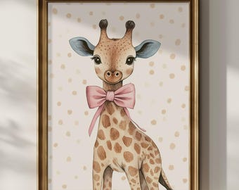 Giraffa Coquette Bow Wall Art Stampabile Disegnato a Mano Dipinto per la Stanza dei Bambini Carina Giraffa Nursery Wall Decor Pittura ad Acquerello Stampa Scarica