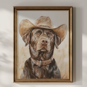 Chocolate Labrador Cowboy Hat Print Poster Funny Dog Wall Art Decor Vintage Painting Western Chocolate Lab Mom Dad Gift Idea Matte Poster