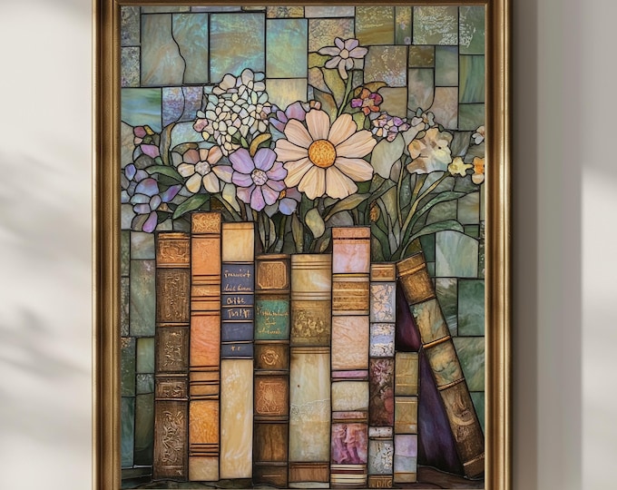 Stained Glass Book Wildflower Poster Print Book Lover Wall Art Artful Trendy Vintage Flower Floral Wall Decor Light Academia Matte Poster
