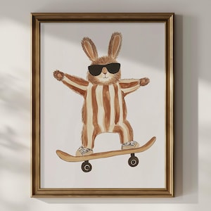 Bunny Skateboard Poster Print Hand Drawn Painted Cute Skater Bunny Nursery Wall Art Vintage Playful Kids Room Wall Decor Matte Poster