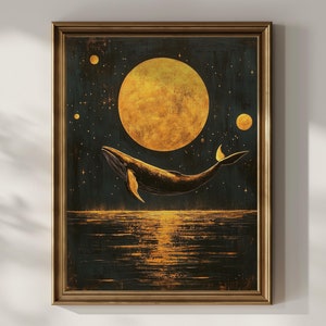 Whale Celestial Enchanting Oil Painting Poster Print Dark Moon Moody Wall Art Wall Decor Night Sky Ocean Lover Maximalist Gift Matte Poster