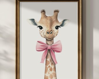 Giraffa Coquette Bow Wall Art Stampabile Disegnato a Mano Dipinto per la Stanza dei Bambini Carina Giraffa Nursery Wall Decor Pittura ad Acquerello Stampa Scarica