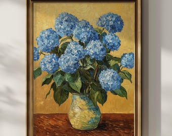 Blue Hydrangea Van Gogh Wall Art Printable Wildflower Floral Wall Decor Flower Vase Impressionism Vintage Oil Painting Digital Download