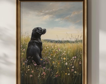 May include: A framed painting depicts a black Labrador Retriever sitting in a field of wildflowers. The dog is facing right, gazing towards a cloudy sky. The artwork is set in a gold-colored frame, adding a touch of elegance to the pastoral scene.