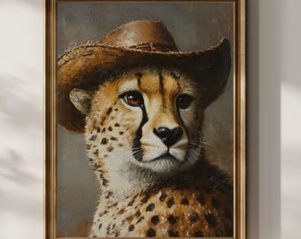 以下が含まれることがあります： 茶色のカウボーイハットをかぶったチーターの絵画。チーターは横を向いており、顔には真剣な表情が浮かんでいる。絵画は金色の額縁に収められている。