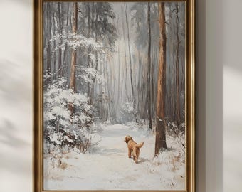May include: A framed painting depicts a snowy forest scene with tall trees and a path. A golden-colored dog walks away from the viewer on the snow-covered path. The painting is in a gold-colored frame.
