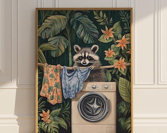 Decoración de pared para el lavadero con mapaches. Divertido amante de los mapaches. Lavadora. Arte de pared imprimible. Plantas tropicales. Baño botánico. Descarga digital