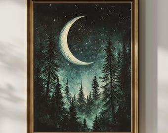 May include: A framed art print showing a crescent moon in a starry night sky above a forest of dark green trees. The artwork has a vintage aesthetic and is in a gold-coloured frame.