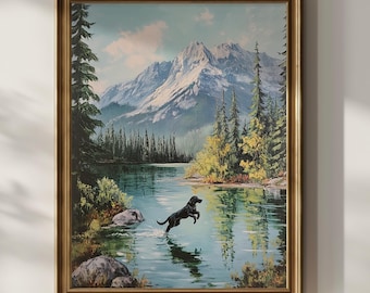 黒のラブラドール犬の山の風景の印刷可能な壁アート ヴィンテージ油絵 農家の壁の装飾 黒のラブラドールのお母さんのポスター デジタルダウンロード