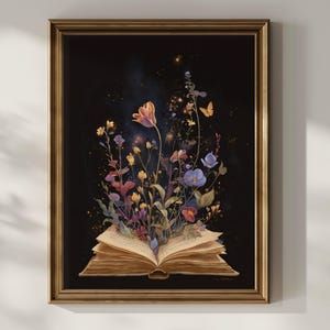 Book Lover Wall Art Floral Printable Wildflower Wall Decor Dark Academia Watercolor Painting Literary Bookish Reading Nook Digital Download