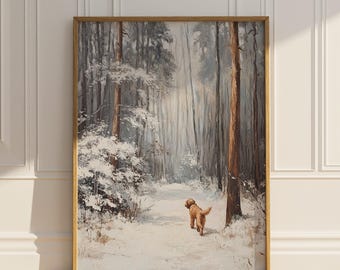 May include: A framed painting depicts a snowy forest scene with tall trees and a path. A golden retriever dog walks away from the viewer on the snow-covered path. The painting has a gold frame and is displayed against a white wall.