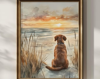 Coastal Dog Poster Print Chocolate Labrador Beach Sunset Wall Art Beach House Wall Decor Lab Mom Watercolor Dog Lover Gift Idea Matte Poster