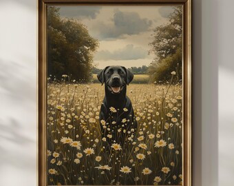 Black Labrador Wildflower Poster Print Vintage Floral Dog Wall Art Daisy Flower Oil Painting Black Lab Mom Dog Lover Gift Idea Matte Poster