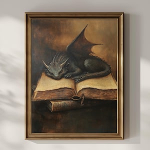 Book Dragon Dark Academia Wall Art Printable Fantasy Book Lover Wall Decor Vintage Oil Painting Bookworm Poster Print Digital Download