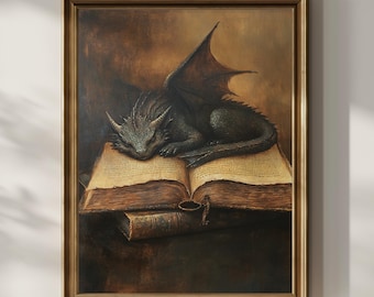 May include: A framed painting depicts a sleeping dragon atop an open, aged book. The dragon is dark green with a detailed, textured appearance, and its wings are a contrasting reddish-brown. The book's pages are yellowed, suggesting age, and the frame is a warm gold color.