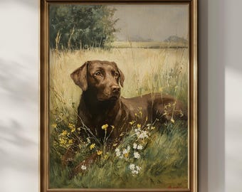 Chocolate Labrador Printable Wall Art Vintage Oil Painting Wildflower Floral Farmhouse Home Decor Chocolate Lab Dog Gift Digital Download
