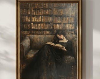 May include: A framed oil painting depicting a woman in a black dress sitting on a couch and reading a book. The couch is in front of a wall of bookshelves filled with books. The painting is set in a dark, moody atmosphere.