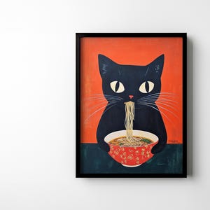 Cat Eating Ramen Wall Art Printable Vintage Japanese Kitchen Wall Decor Black Cat Ramen Noodles Asian Restaurant Decor Digital Download