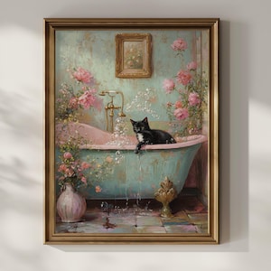 猫のバスルームの壁アート 印刷可能 面白いかわいい黒猫のバスタブ ヴィンテージ絵画 花柄の壁飾り 猫好きへのギフト デジタルダウンロード