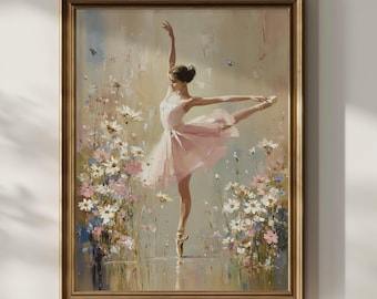 Ballerina Floral Printable Wall Art Vintage Oil Painting Aesthetic Ballet Dancer Wall Decor Cute Dancing Girls Room Print Digital Download