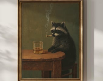 Smoking Raccoon Wall Art Funny Animal Whisky Lover Decor Moody Dark Humor Matte Poster