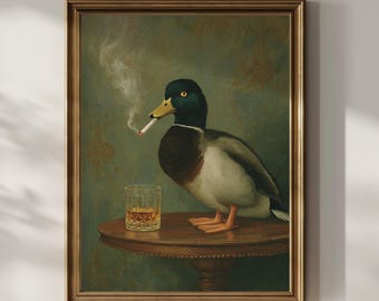 Smoking Mallard Duck Wall Art Funny Duck Hunting Whisky Lover Decor Moody Dark Humor Matte Poster