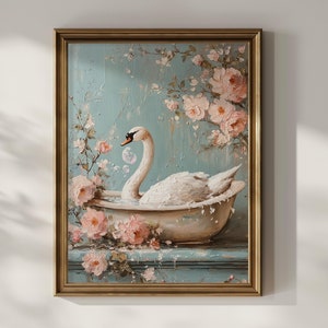 Zwaan badkamer muur kunst afdrukbare zwaan in bad vintage schilderij bloemen muur decor dierlijke zwaan minnaar cadeau digitale download