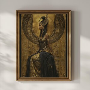 May include: A framed artwork depicting an Egyptian figure in gold and black attire. The figure is seated, adorned with a headdress and wings, set against a backdrop of hieroglyphs. The artwork is displayed in a brown wooden frame.
