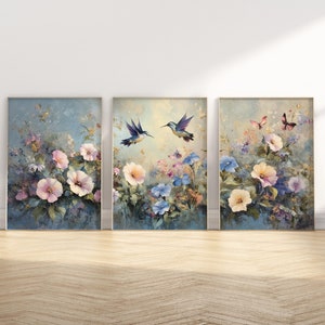 Wildflower Hummingbird Painting Wall Art Set Of 3 Printable Antique Vintage Flowers Floral Bird Wall Decor Modern Soft Digital Download