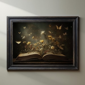 Wildflower Book Lover Wall Art Floral Printable Wall Decor Dark Academia Fairycore Oil Painting Literary Bookish Reading Digital Download