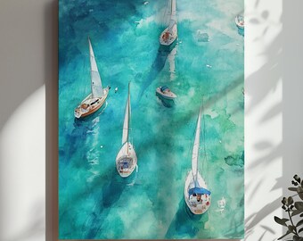 Aerial Coastal Wall Art Sailing Boat Watercolor Painting Printable Beach House Wall Decor Sailboat Ocean Sailor Gift Poster Digital Download